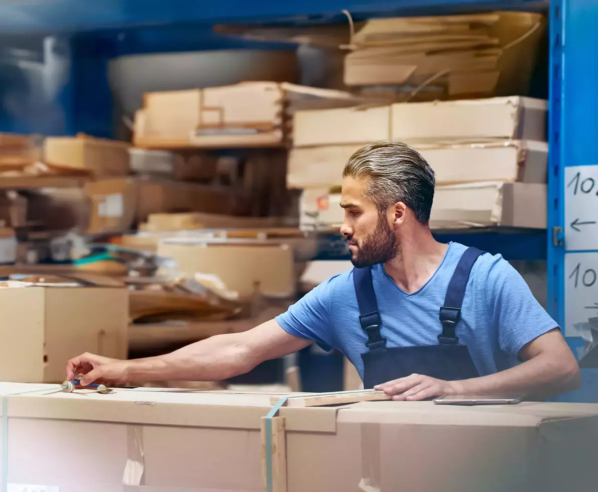 male busy with parcels in a distribution center/warehouse.
